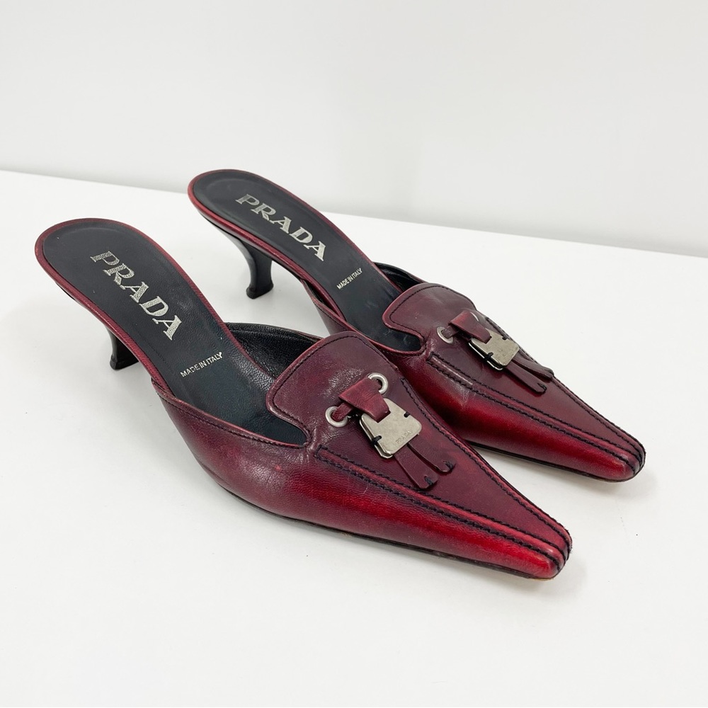 PRADA Classic Red Leather Kitten Heel Mules 37.5 7.5